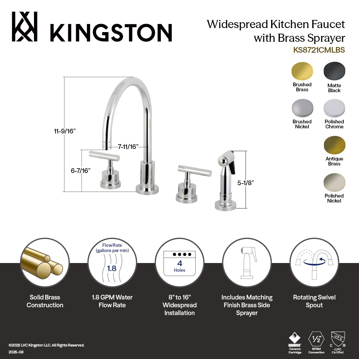 Kingston Sona KS8720CMLBS - Manhattan Double-Handle 4-Hole Widespread Kitchen Faucet with Brass Sprayer, Matte Black — thumbnail 2